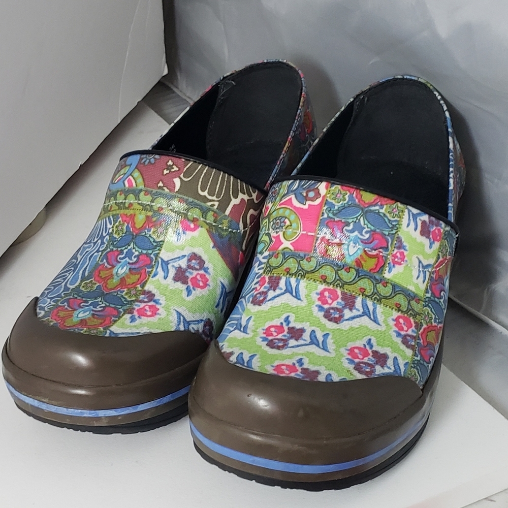 Dansko Multicolor Floral Clogs with Brown Trim